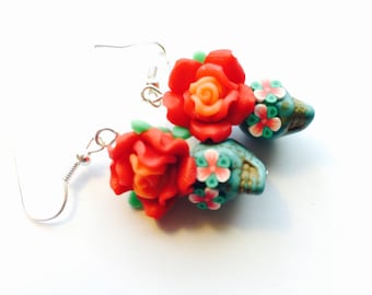 Sugar Skull Earrings in Turquoise with Red Roses