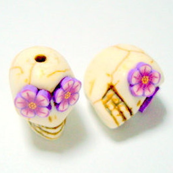 Sugar Skull Beads Ivory and Purple Flower Eyes in Day of The Dead Sugar Skull Beads 13 MM