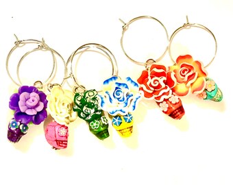 Rainbow Sugar Skull Wine Charms Beverage Markers Day of the Dead
