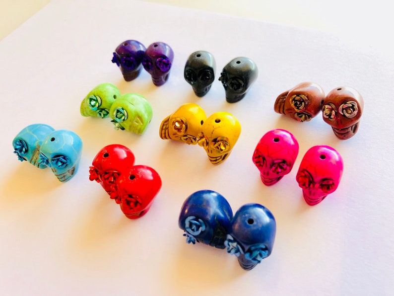 Sugar Skull Beads-Collection of 9 Pairs Rainbow Rose Day of the Dead Skull Beads 18 mm image 2