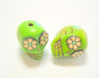 Yellow Flower Eyes in Green Day of The Dead Sugar Skull Beads-12mm