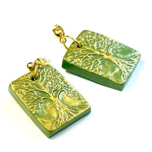 Golden Green Tree of Life Polymer Clay Earrings - Handmade Nature Inspired Jewelry