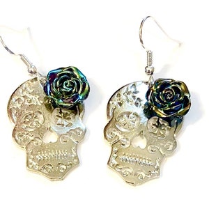 Silver Sugar Skull Earrings Black Oil Slick Rose Day of the Dead Sugar Skull Jewelry Bling