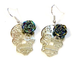 Silver Sugar Skull Earrings Black Blue Rose Day of the Dead Halloween Jewelry