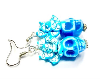 Sugar Skull Earrings Something Blue Day of the Dead Rose Sugar Skull Jewelry Gift