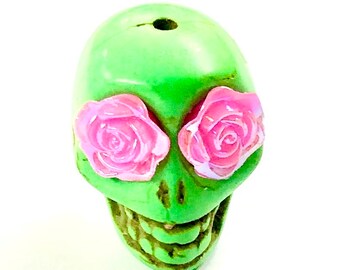 Big Green Sugar Skull Bead Pendant Day of the Dead Jewelry Component