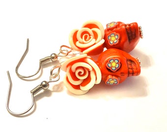 Sugar Skull Earrings Day of the Dead Red Rose Sugar Skull Jewelry