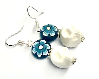 Sugar Skull Earrings Handcrafted Flower Day of the Dead Skull Jewelry Gift for Her