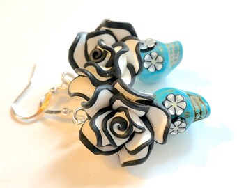 Sugar Skull Earrings in Turquoise Black White Day of the Dead Jewelry