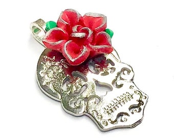 Silver Sugar Skull Pendant with Red Rose - Day of the Dead Jewelry