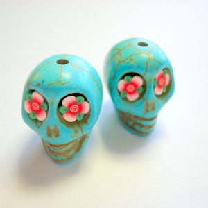 Turquoise Howlite 18mm Sugar Skull Beads with Red Flower Eyes
