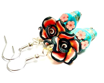 Sugar Skull Earrings: Turquoise, Red Roses, Day of the Dead Jewelry
