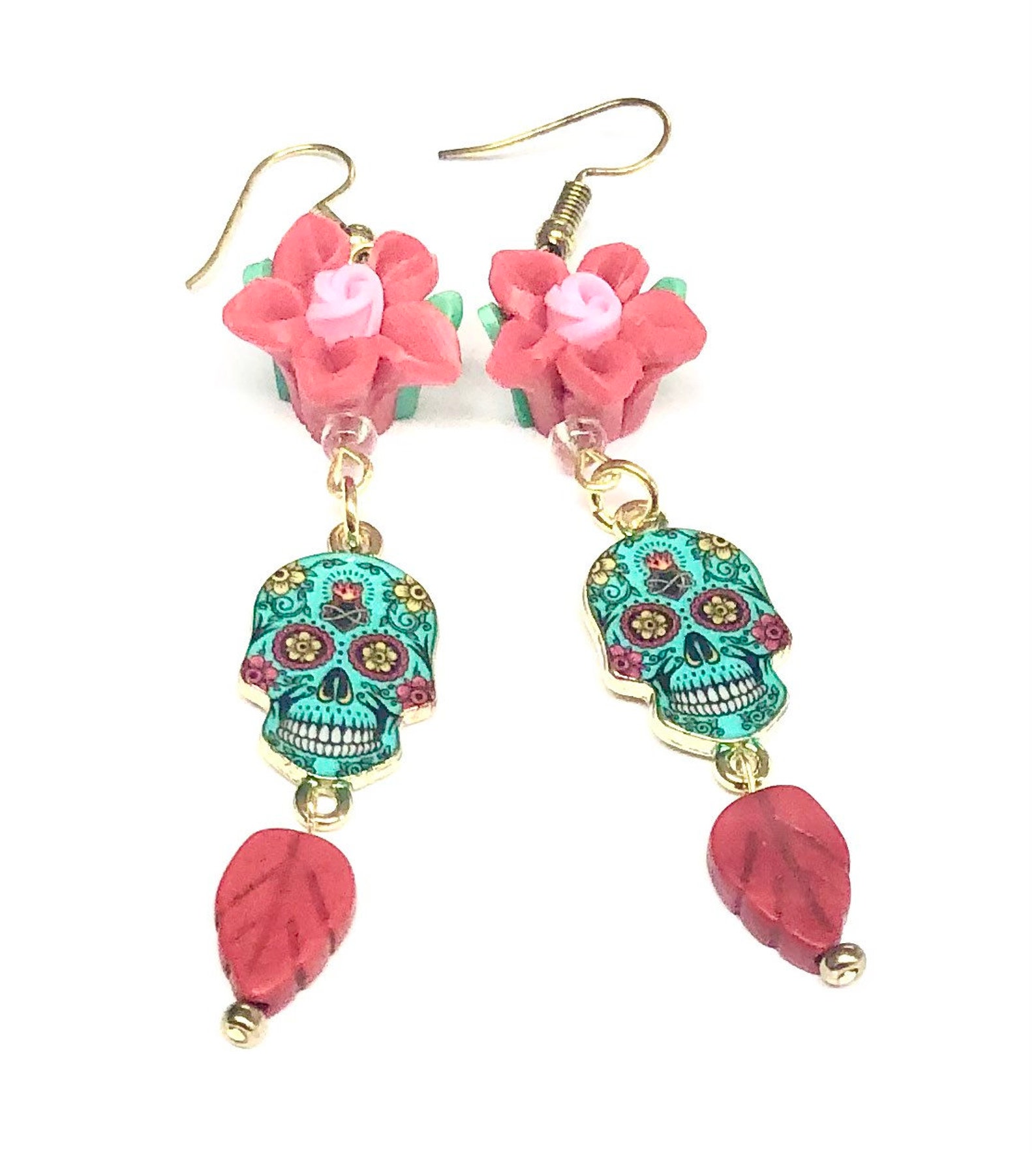 Sugar Skull Earrings Turquoise Red Rose Day of the Dead Sugar Etsy