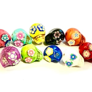 Colorful Stone Sugar Skull Beads with Flower Eyes (10 pc)