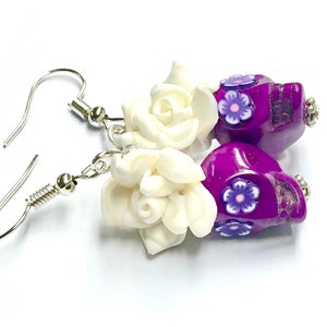 Sugar Skull Earrings Pretty Purple Day of the Dead Rose Sugar Skull Jewelry