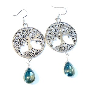 Tree of Life Dangle Earrings: Teardrop Gem, Hypoallergenic