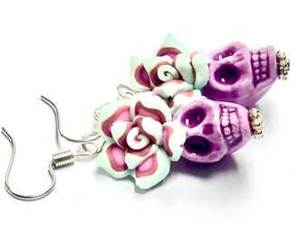 Sugar Skull Earrings Lavender Day of the Dead Rose Sugar Skull Jewelry Gift