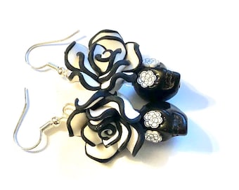 Sugar Skull Rose Earrings, Black and White Day of the Dead Jewelry