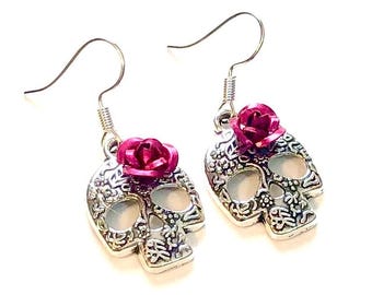 Silver Sugar Skull Earrings Pink Rose Day of the Dead Earrings