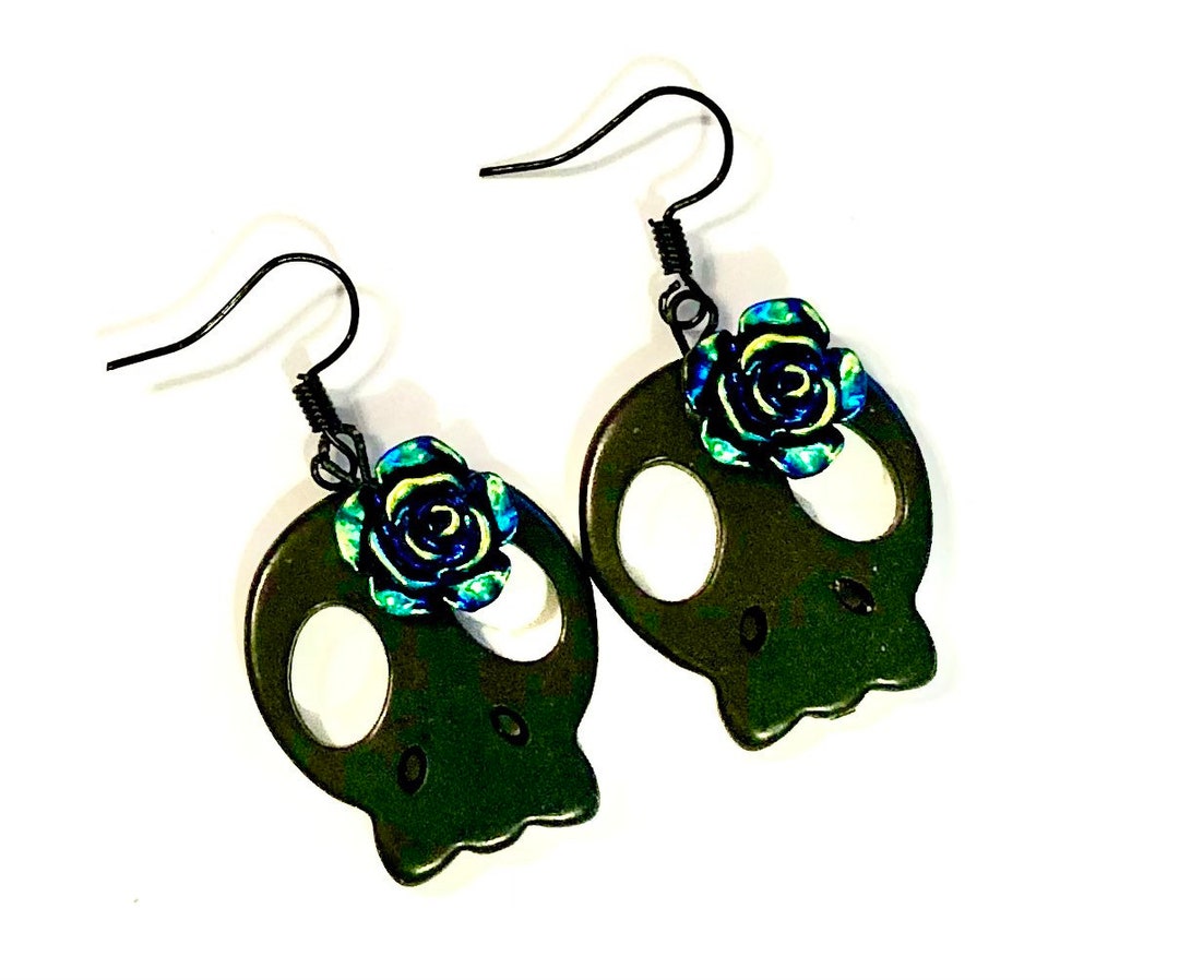 Sugar Skull Earrings Big Black Rose Day of the Dead Earrings Sugar