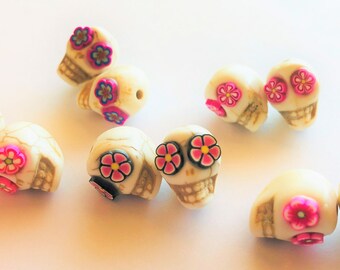 Sugar Skull Howlite Beads with Pink Flower Eyes (10 Pairs)