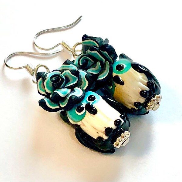 Handmade Cutesy Owl Earrings Lampwork Glass Beaded Rose Bird Jewelry Gift