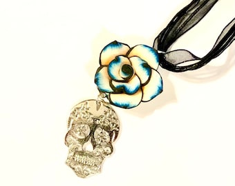 Silver Sugar Skull Pendant Necklace Day of the Dead Pink Rose Calavera Necklace