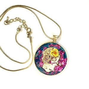 Mixed Media Sugar Skull Pendant Handmade OOAK Day of the Dead Wearable Art Necklace
