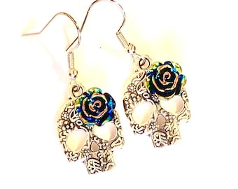 Day of the Dead Earrings: Silver Sugar Skull & Black Rose Iridescent Design