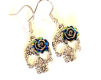 Silver Sugar Skull Earrings Black Rose Day of the Dead Earrings