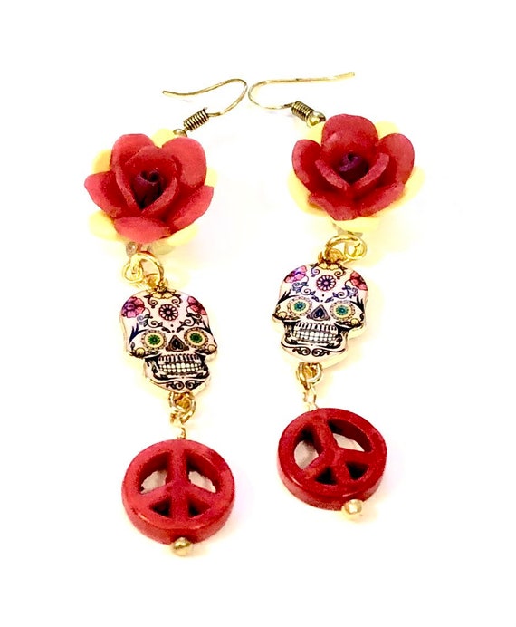 Sugar Skull Earrings Red Rose Day of the Dead Sugar Skull Gift Etsy