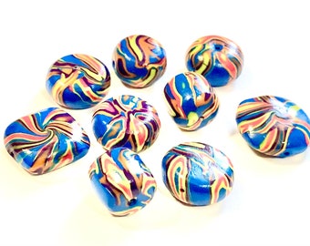 Handmade Polymer Clay Beads Marbled Blue Flame Assorted Shapes Beads Mixed Lot Beads