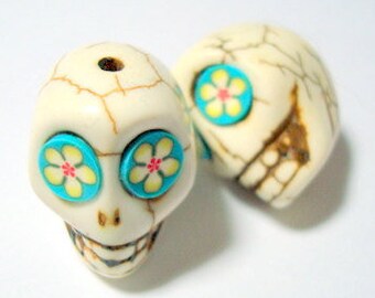 Sugar Skull Beads White with Turquoise Yellow Flower Eyes  18 MM Beads