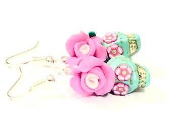 Sugar Skull Earrings Turquoise Pink Day of the Dead Rose Sugar Skull Jewelry Gift