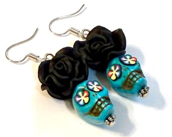 Sugar Skull Earrings Turquoise Rainbow Flower Day of the Dead Rose Jewelry Gift