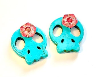 Sugar Skull Beads Big Turquoise Red Flower 28 MM Skull Charms Jewelry Components