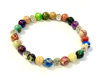 Sugar Skull Rainbow Bracelet Stretch Jasper Sugar Skull Gemstone Handmade Gift