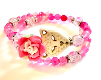 Cat Bracelet Pink White Gemstone Memory Wire Bracelet Kitty Meow Jewelry Gift