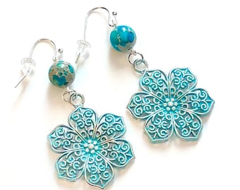 Boho Flower Earrings Turquoise Sea Sediment Jewelry Gift