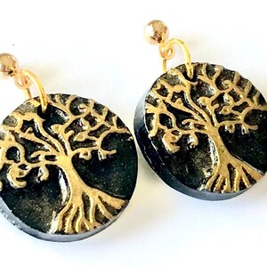 Tree of Life Earrings Handmade Polymer Clay Black Gold Tree Earrings