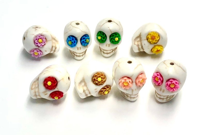 Sugar Skull Beads White 18 MM Beads Rainbow Flower Eye Jewelry Components image 1