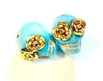 Sugar Skull Beads Turquoise 18mm Skull Beads Gold Metallic Rose Eyes