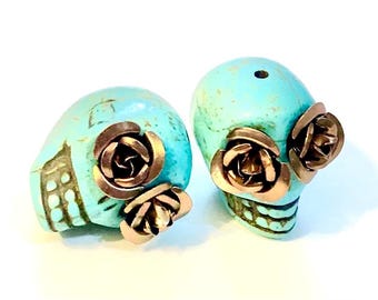 Turquoise Sugar Skull Beads, Rose Eyes, Day of the Dead (2, 23mm)