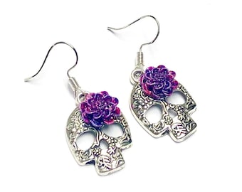 Silver Sugar Skull Earrings Purple Dahlia Day of the Dead Jewelry Gift for Her