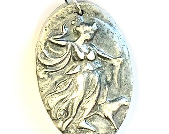 Artemis Goddess of Hunting and Wilderness Handmade Polymer Clay Pendant Silver