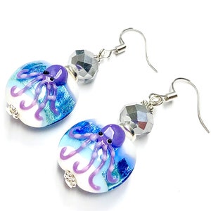 Handmade Lampwork Glass Octopus Earrings: Sterling Silver Hooks