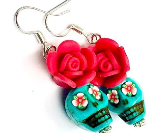 Handmade Day of the Dead Earrings, Turquoise Sugar Skulls with Red Roses