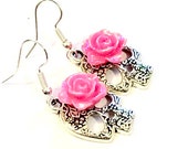 Silver Sugar Skull Earrings Pink Rose Day of the Dead Earrings