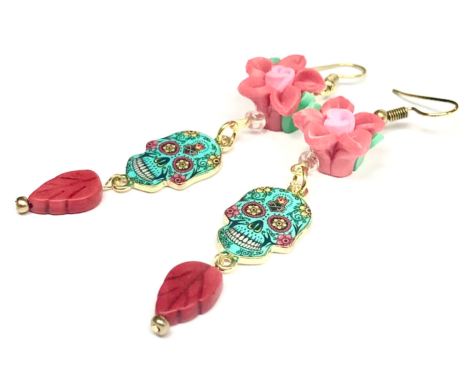 Sugar Skull Earrings Turquoise Red Rose Day of the Dead Sugar Etsy
