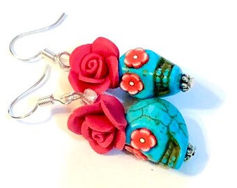 Sugar Skull Earrings Turquoise Red Day of the Dead Jewelry Gift